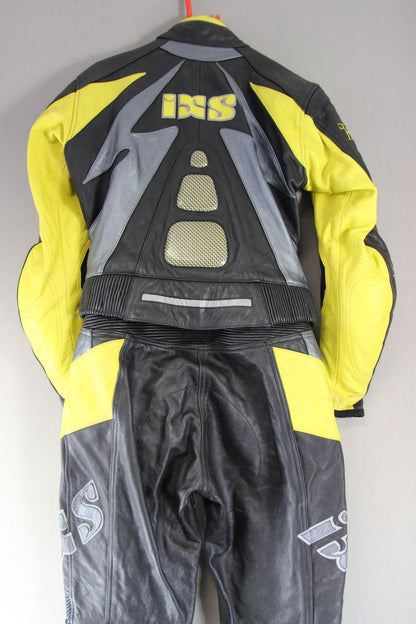 IXS LADIES 2 PIECE BLACK, YELLOW & SILVER LEATHER BIKER SUIT + CE ARMOUR SIZE 12