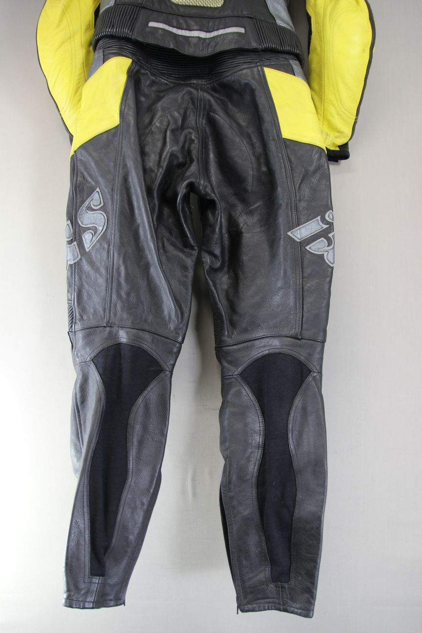IXS LADIES 2 PIECE BLACK, YELLOW & SILVER LEATHER BIKER SUIT + CE ARMOUR SIZE 12