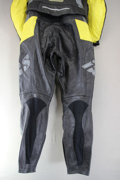 IXS LADIES 2 PIECE BLACK, YELLOW & SILVER LEATHER BIKER SUIT + CE ARMOUR SIZE 12