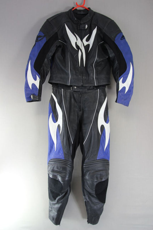 HEIN GERICKE 2 PIECE BLACK, BLUE & WHITE LEATHER BIKER SUIT + CE ARMOUR: SIZE 14
