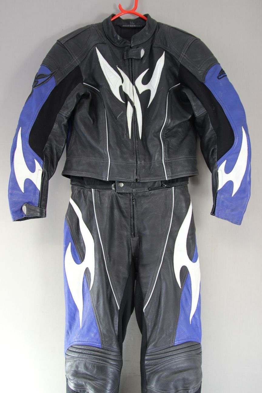 HEIN GERICKE 2 PIECE BLACK, BLUE & WHITE LEATHER BIKER SUIT + CE ARMOUR: SIZE 14