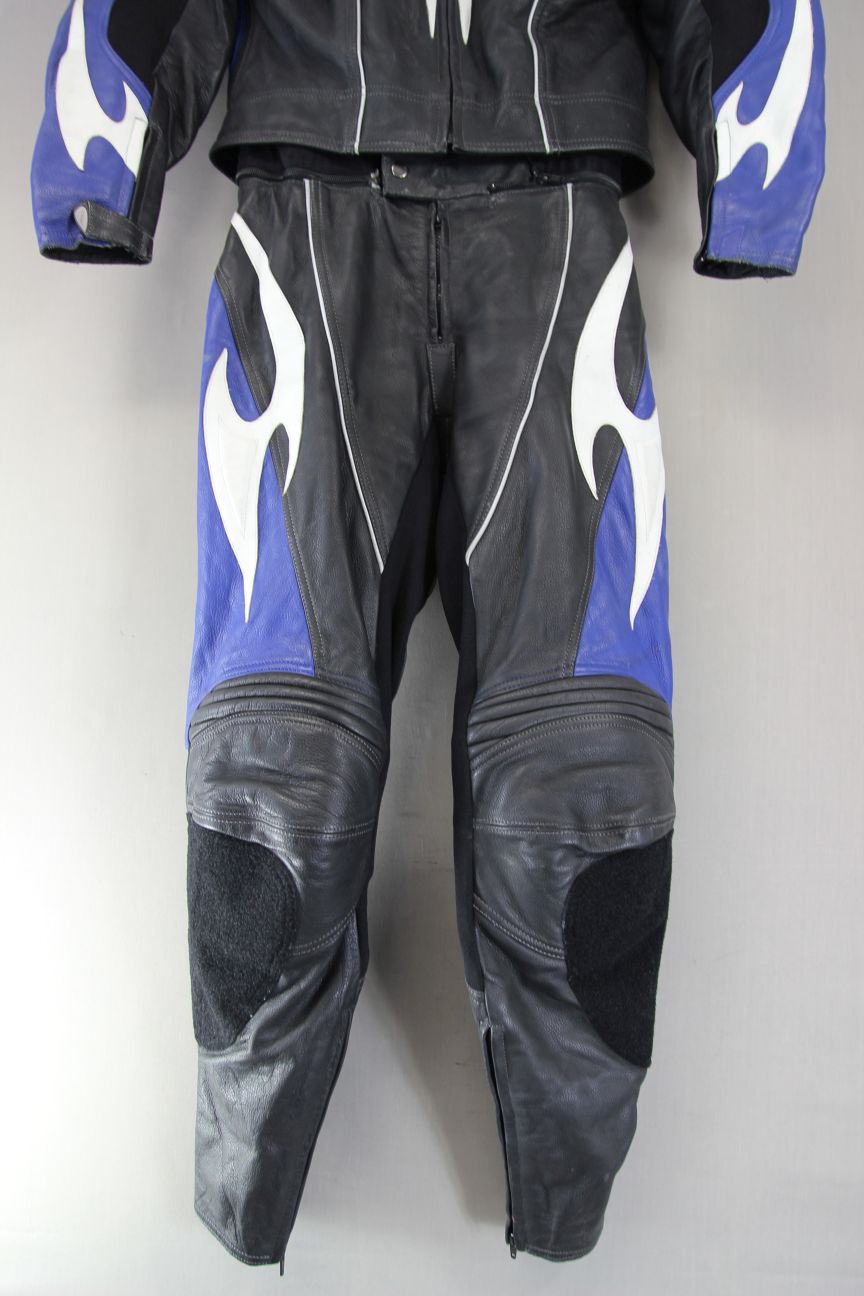 HEIN GERICKE 2 PIECE BLACK, BLUE & WHITE LEATHER BIKER SUIT + CE ARMOUR: SIZE 14