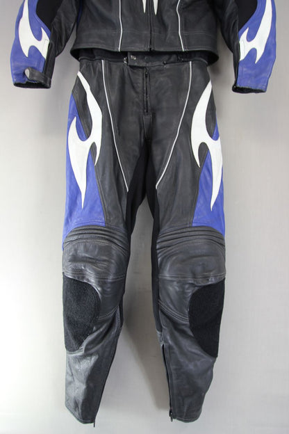 HEIN GERICKE 2 PIECE BLACK, BLUE & WHITE LEATHER BIKER SUIT + CE ARMOUR: SIZE 14