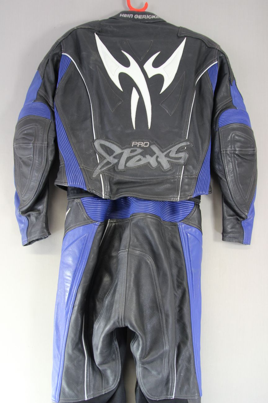 HEIN GERICKE 2 PIECE BLACK, BLUE & WHITE LEATHER BIKER SUIT + CE ARMOUR: SIZE 14