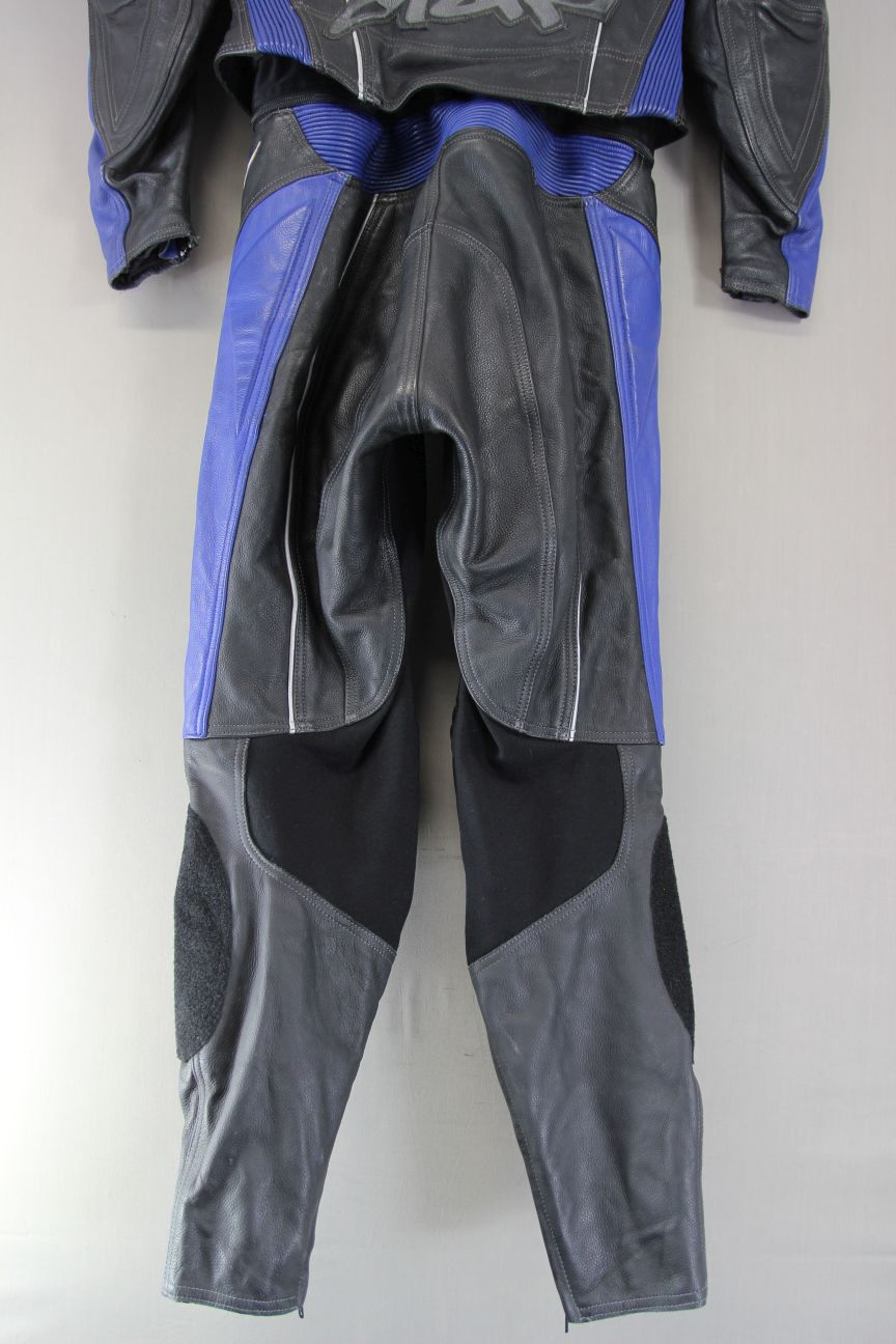 HEIN GERICKE 2 PIECE BLACK, BLUE & WHITE LEATHER BIKER SUIT + CE ARMOUR: SIZE 14