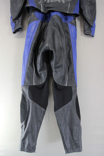 HEIN GERICKE 2 PIECE BLACK, BLUE & WHITE LEATHER BIKER SUIT + CE ARMOUR: SIZE 14