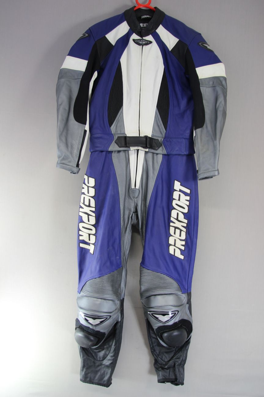 PREXPORT LADIES 2 PIECE BLUE & SILVER LEATHER BIKER SUIT + CE ARMOUR: SIZE 14-16