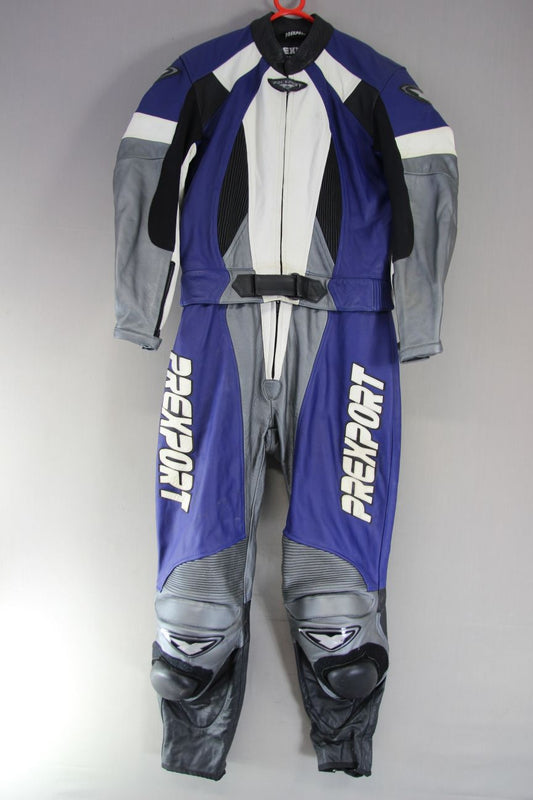 PREXPORT LADIES 2 PIECE BLUE & SILVER LEATHER BIKER SUIT + CE ARMOUR: SIZE 14-16