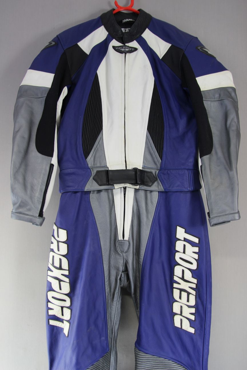 PREXPORT LADIES 2 PIECE BLUE & SILVER LEATHER BIKER SUIT + CE ARMOUR: SIZE 14-16