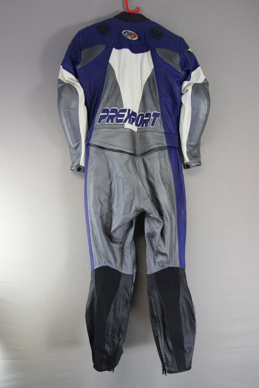 PREXPORT LADIES 2 PIECE BLUE & SILVER LEATHER BIKER SUIT + CE ARMOUR: SIZE 14-16