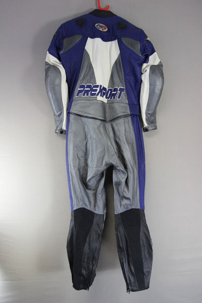 PREXPORT LADIES 2 PIECE BLUE & SILVER LEATHER BIKER SUIT + CE ARMOUR: SIZE 14-16