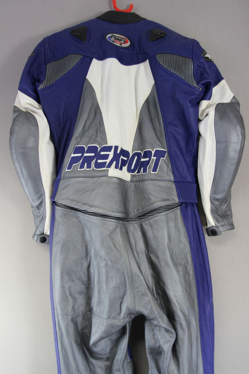 PREXPORT LADIES 2 PIECE BLUE & SILVER LEATHER BIKER SUIT + CE ARMOUR: SIZE 14-16