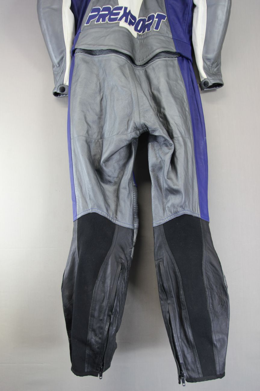 PREXPORT LADIES 2 PIECE BLUE & SILVER LEATHER BIKER SUIT + CE ARMOUR: SIZE 14-16