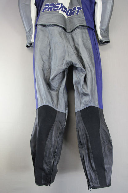 PREXPORT LADIES 2 PIECE BLUE & SILVER LEATHER BIKER SUIT + CE ARMOUR: SIZE 14-16