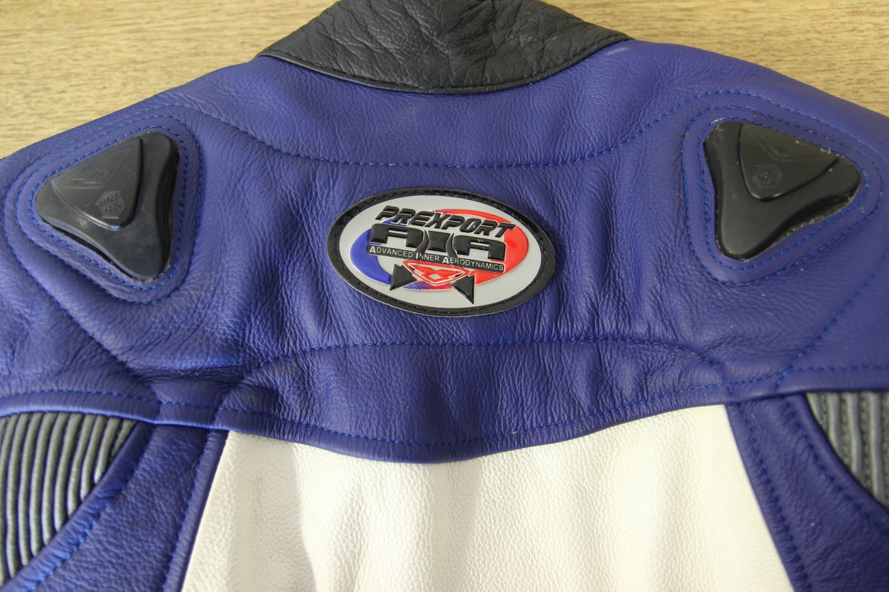 PREXPORT LADIES 2 PIECE BLUE & SILVER LEATHER BIKER SUIT + CE ARMOUR: SIZE 14-16