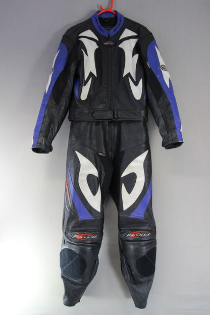 RIOSSI 2 PIECE BLACK, WHITE & BLUE LEATHER BIKER SUIT WITH CE ARMOUR: SIZE 14