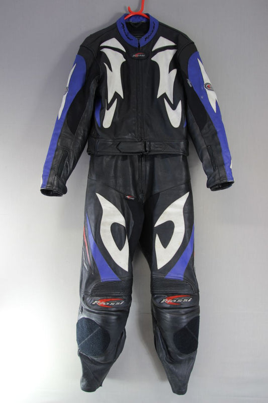 RIOSSI 2 PIECE BLACK, WHITE & BLUE LEATHER BIKER SUIT WITH CE ARMOUR: SIZE 14