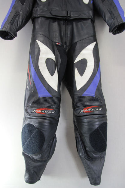 RIOSSI 2 PIECE BLACK, WHITE & BLUE LEATHER BIKER SUIT WITH CE ARMOUR: SIZE 14