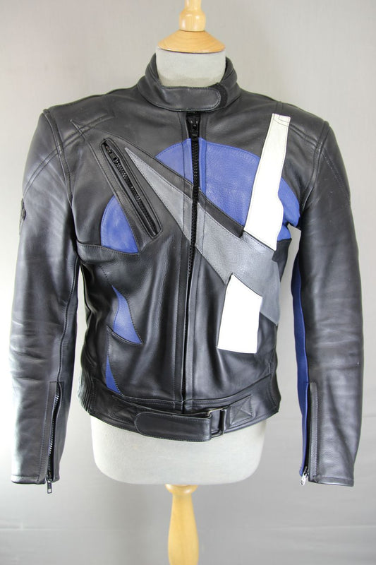 AKITO APOLLO PLUS BLACK, BLUE, SILVER & WHITE LEATHER BIKER JACKET: SIZE 12