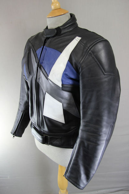 AKITO APOLLO PLUS BLACK, BLUE, SILVER & WHITE LEATHER BIKER JACKET: SIZE 12