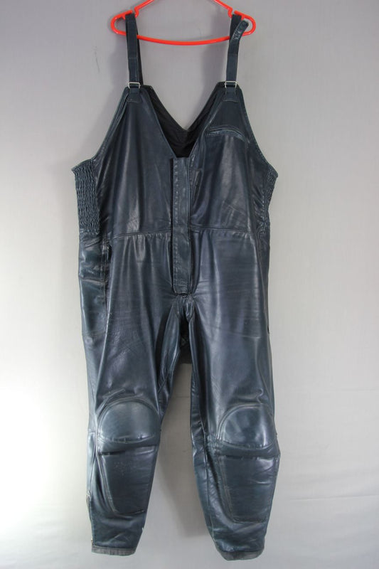 VINTAGE DARK BLUE LEATHER BIKER BIB & BRACE SALOPETTES WAIST 54 IN/LEG 29 IN