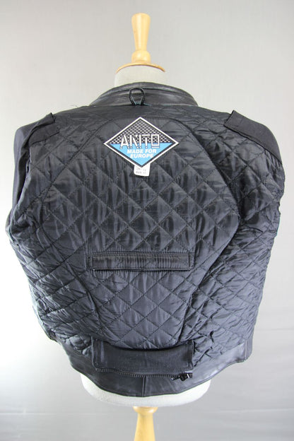 AKITO APOLLO PLUS BLACK, BLUE, SILVER & WHITE LEATHER BIKER JACKET: SIZE 12