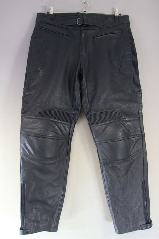 SKINTAN BLACK LEATHER BIKER TROUSERS WITH CE ARMOUR WAIST 40 IN/INSIDE LEG 31 IN