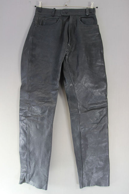 VINTAGE AKITO BLACK LEATHER BIKER JEANS: WAIST 30 INCHES/LEG 32 INCHES