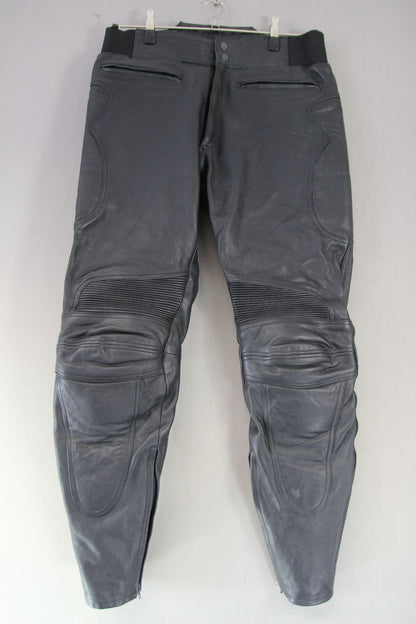 BLACK LEATHER BIKER TROUSERS + CE KNEE ARMOUR & HIP PROTECTORS WAIST 36"/LEG 31"