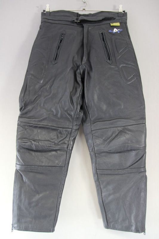 AKITO BLACK LEATHER BIKER TROUSERS WITH HIP & KNEE CE ARMOUR: WAIST 34"/LEG 26"
