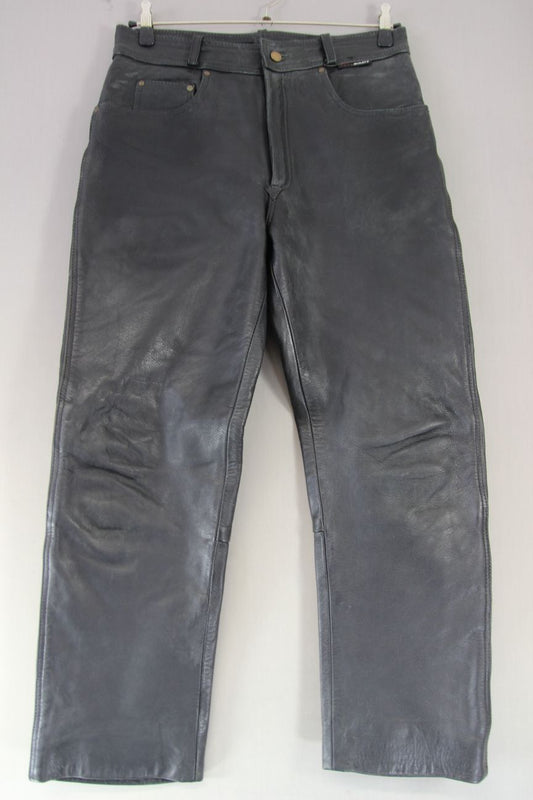 JUST BIKERS CLASSIC BLACK LEATHER JEANS: WAIST 34 INCHES/LEG 30 INCHES