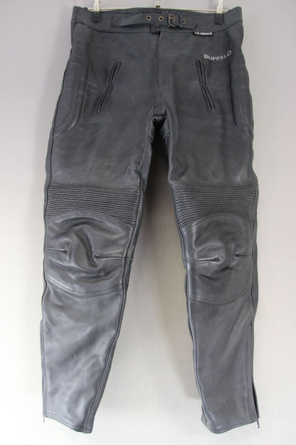 BUFFALO BLACK LEATHER BIKER TROUSERS: WAIST 36 INCH/INSIDE LEG 30 INCH