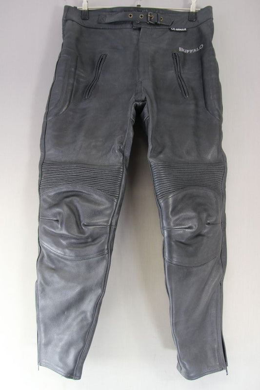 BUFFALO BLACK LEATHER BIKER TROUSERS: WAIST 36 INCH/INSIDE LEG 30 INCH
