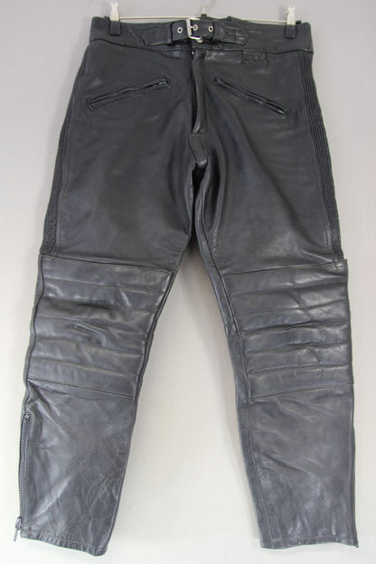 JTS BLACK LEATHER BIKER TROUSERS: WAIST 36 INCH/INSIDE LEG 28 INCH (SHORT FIT)