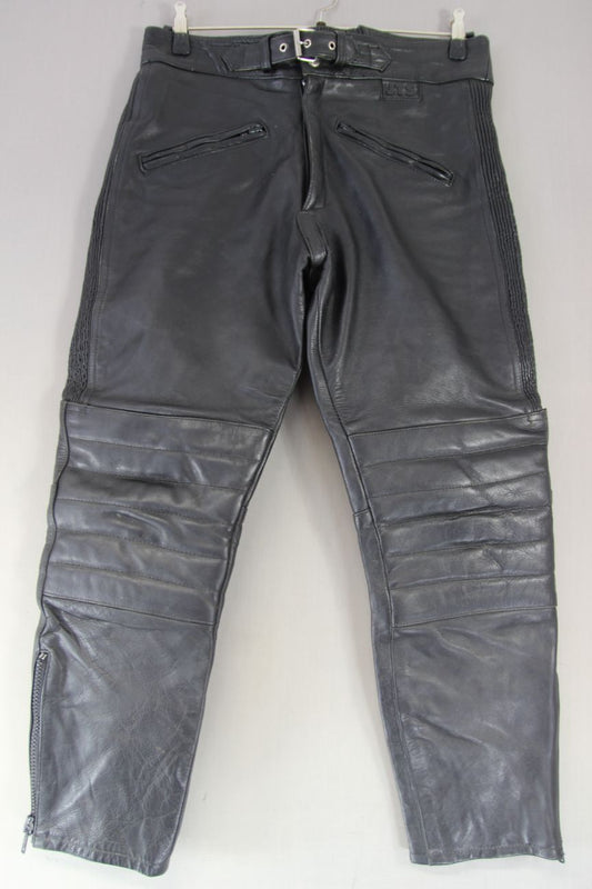 JTS BLACK LEATHER BIKER TROUSERS: WAIST 36 INCH/INSIDE LEG 28 INCH (SHORT FIT)