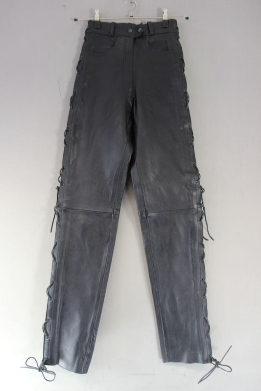 ACE LEATHERS BLACK BIKER JEANS WITH SIDE LACES SIZE 8 - WAIST 24"/INSIDE LEG 34"