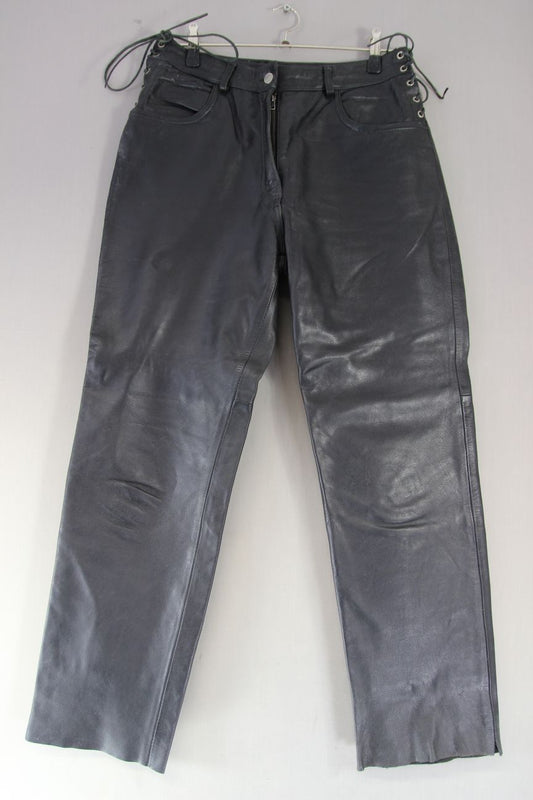 BIKERS GEARBOX BLACK LEATHER JEANS: SIZE 14 - WAIST 32 INCH/INSIDE LEG 31 INCH