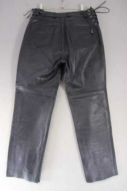 BIKERS GEARBOX BLACK LEATHER JEANS: SIZE 14 - WAIST 32 INCH/INSIDE LEG 31 INCH