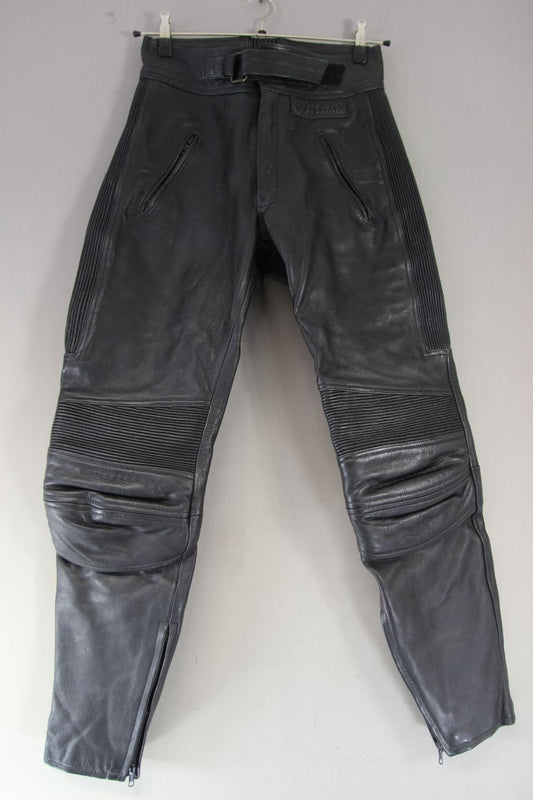 BELSTAFF BLACK LEATHER BIKER TROUSERS: WAIST 30 INCH/INSIDE LEG 31.5 INCH