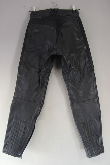 BELSTAFF BLACK LEATHER BIKER TROUSERS: WAIST 30 INCH/INSIDE LEG 31.5 INCH