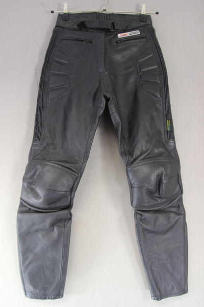 AKITO G-FORCE BLACK LEATHER BIKER TROUSERS: SIZE 10 WAIST 28 IN/INSIDE LEG 28 IN