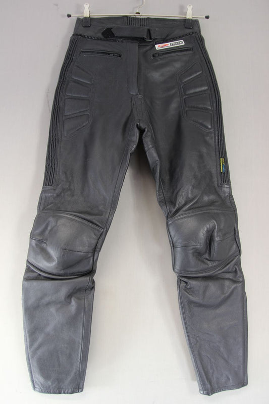 AKITO G-FORCE BLACK LEATHER BIKER TROUSERS: SIZE 10 WAIST 28 IN/INSIDE LEG 28 IN