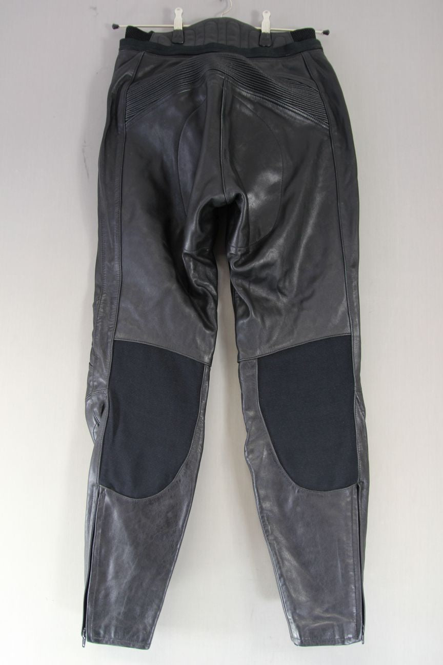 HEIN GERICKE LEATHER BIKER TROUSERS+HIP/KNEE ARMOUR SIZE 12 WAIST 28-30"/LEG 31"
