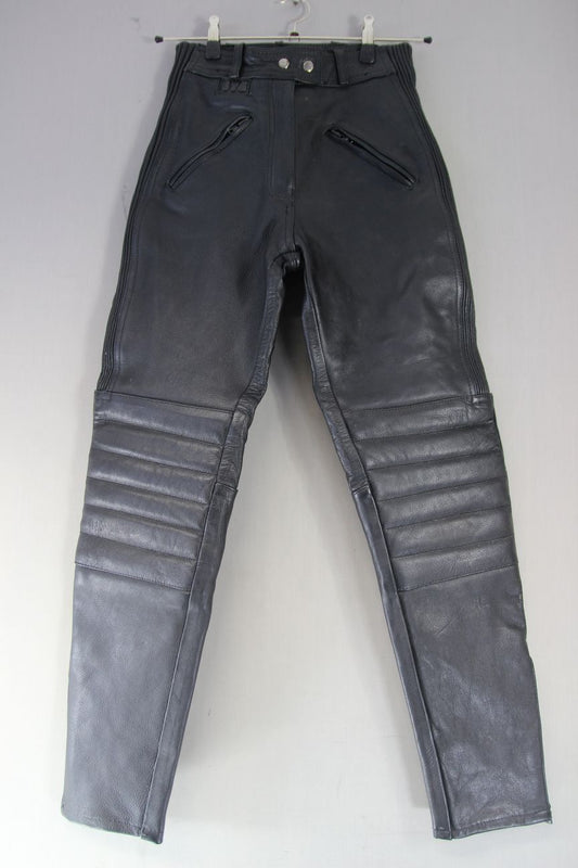 JTS BLACK LEATHER BIKER TROUSERS SIZE 12 WAIST 26-28 INCHES/INSIDE LEG 31 INCHES