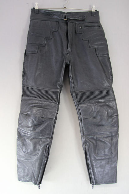J&S BLACK LEATHER BIKER TROUSERS WAIST 34-36 INCH/INSIDE LEG 28 INCH (SHORT FIT)