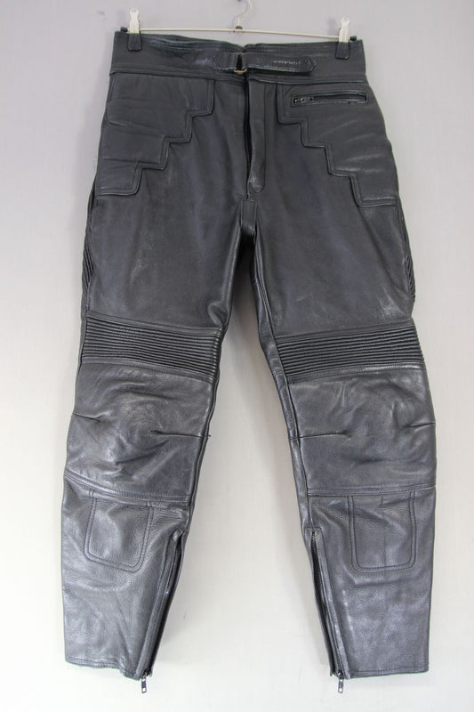 J&S BLACK LEATHER BIKER TROUSERS WAIST 34-36 INCH/INSIDE LEG 28 INCH (SHORT FIT)