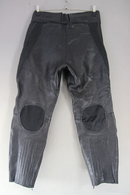 J&S BLACK LEATHER BIKER TROUSERS WAIST 34-36 INCH/INSIDE LEG 28 INCH (SHORT FIT)