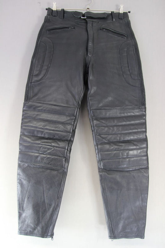 J&S BLACK LEATHER BIKER TROUSERS WAIST 30-32 INCH/INSIDE LEG 28 INCH (SHORT FIT)