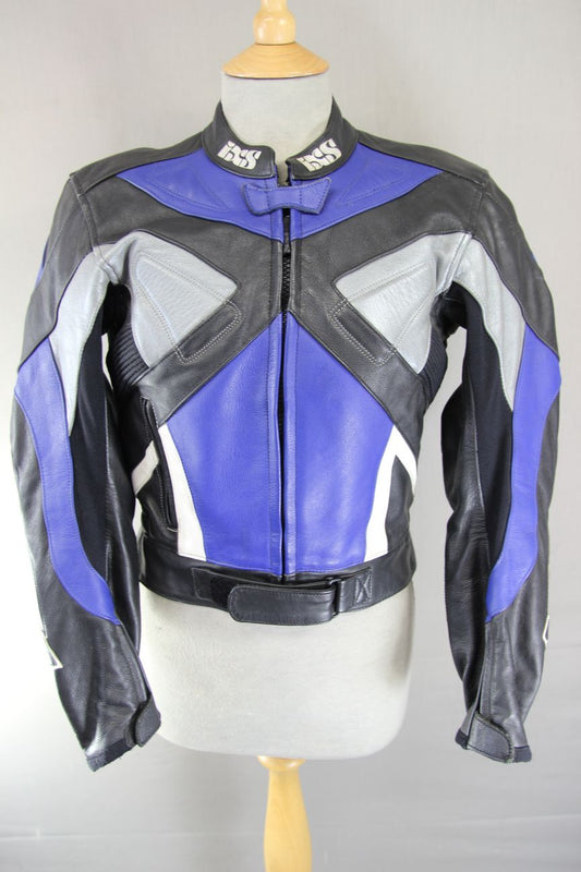 IXS BLACK, BLUE, SILVER & WHITE LEATHER BIKER JACKET WITH CE ARMOUR 32-34 INCH