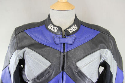 IXS BLACK, BLUE, SILVER & WHITE LEATHER BIKER JACKET WITH CE ARMOUR 32-34 INCH